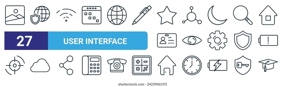 set of 27 outline web user interface icons such as image, antivirus, wifi, sharing, eye, cloud, house, graduation vector thin line icons for web design, mobile app.