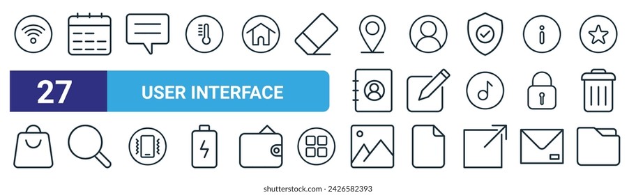 set of 27 outline web user interface icons such as communications, calendar, speech bubble, login, rename,  , photo, folders vector thin line icons for web design, mobile app.