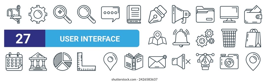 set of 27 outline web user interface icons such as mailbox, tings, zoom in, megaphone, notification bell, bank, email, location vector thin line icons for web design, mobile app.