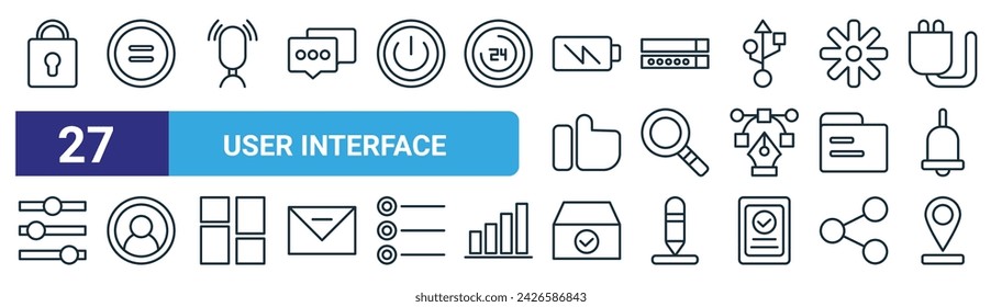 conjunto de 27 iconos de interfaz de usuario web de esquema como bloqueo, parada, micrófono, contraseña, zoom, personas, caja, pin vector línea delgada iconos para diseño web, aplicación móvil.