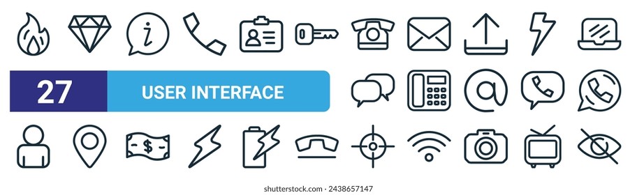 conjunto de 27 iconos de interfaz de usuario web de esquema como fuego, diamante, información, sobre, teléfono, sostenedor de pin, foco, ocultar iconos de línea delgada vectorial para diseño web, aplicación móvil.