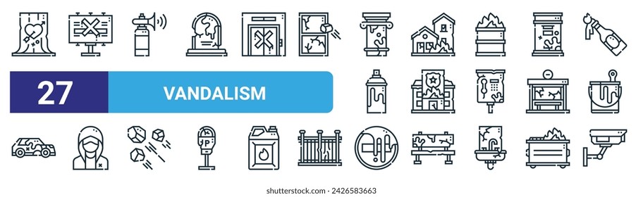 set of 27 outline web vandalism icons such as tree, advertising, air horn, house, police office, vandal,  , cctv vector thin line icons for web design, mobile app.