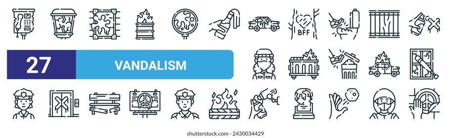 set of 27 outline web vandalism icons such as telephone, lantern, vandalism, tree, dumpster fire, elevator, cctv, sticker vector thin line icons for web design, mobile app.