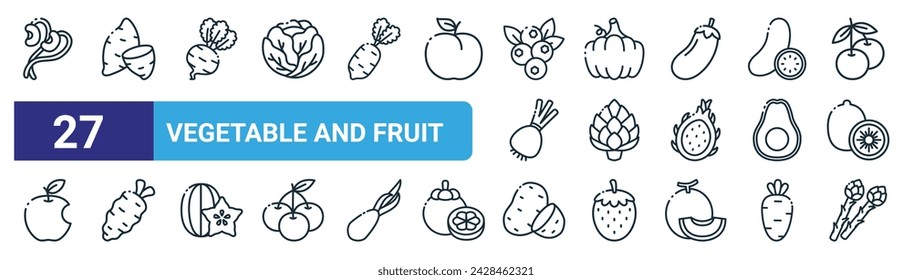 conjunto de 27 iconos de frutas y verduras web de contorno como brotes de frijoles, batata, nabo, calabaza, alcachofa, wasabi, patata, espárragos vector línea delgada iconos para el diseño web, aplicación móvil.