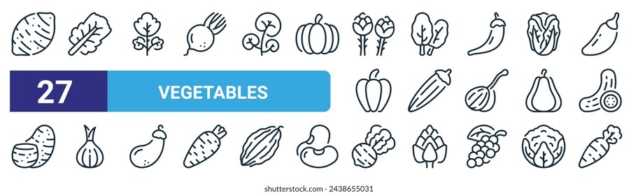 set of 27 outline web vegetables icons such as sweet potato, kale, parsley, rhubarb, okra, onion, radish, carrot vector thin line icons for web design, mobile app.