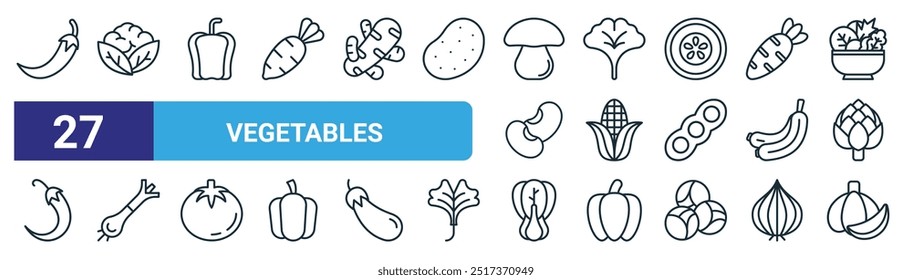 set of 27 outline web vegetables icons such as red chili pepper, cauliflower, paprika, ginkgo, corn, leek, bok choy, garlic vector thin line icons for web design, mobile app.