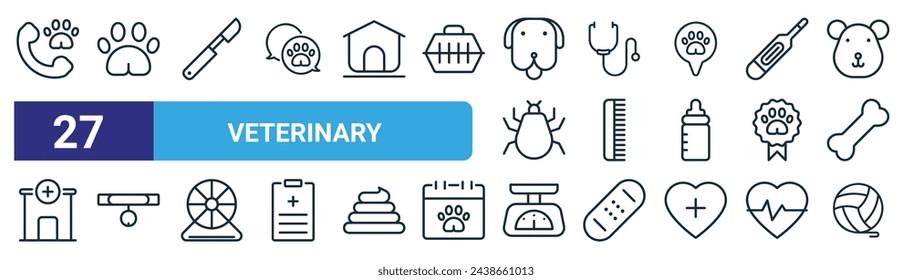 set of 27 outline web veterinary icons such as call center, pawprint, scalpel, stethoscope, comb, pet collar, weight scale, yarn ball vector thin line icons for web design, mobile app.