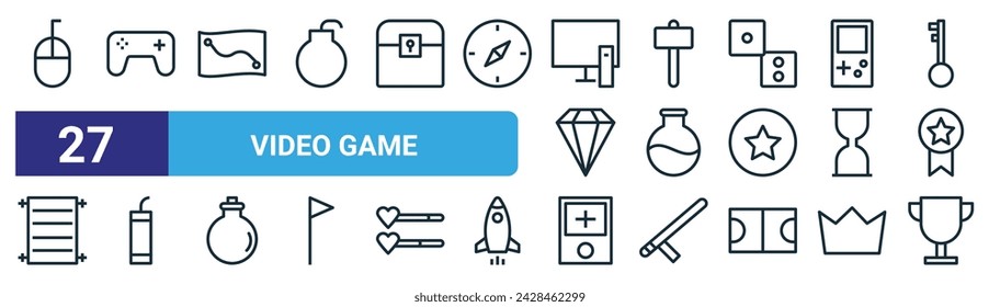 conjunto de 27 iconos de video juego web de contorno como clicker de ratón, controlador de juego, mapa, martillo, vaso de precipitados, bomba, juego de mano, vector de trofeos de línea delgada iconos para diseño web, aplicación móvil.