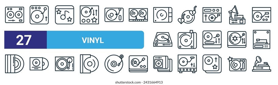 set of 27 outline web vinyl icons such as vinyl, vinyl, music note, disc, disc, gramophone vector thin line icons for web design, mobile app.