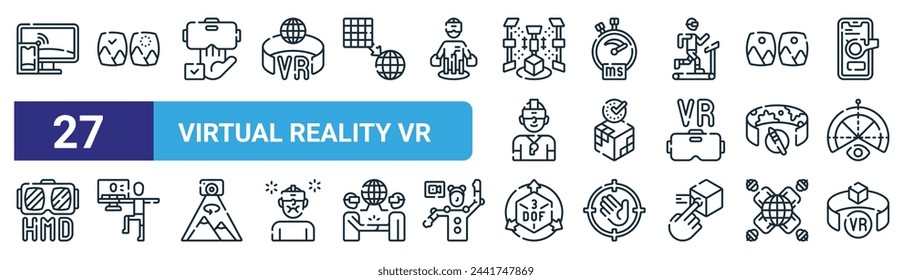 set of 27 outline web virtual reality vr icons such as screen mirroring, vr, vr glasses, latency, real time, virtual, cube, vector thin line icons for web design, mobile app.