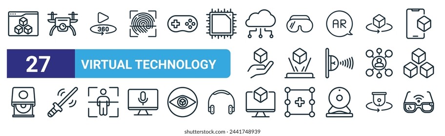 set of 27 outline web virtual technology icons such as d programming, drone, video, virtual reality glasses, hologram, ar wand, d modeling, smart glasses vector thin line icons for web design,