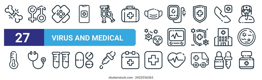 set of 27 outline web virus and medical icons such as bone break, gender, bandage, infusion, heart rate monitor, stethoscope, medical, medicine vector thin line icons for web design, mobile app.