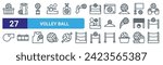 set of 27 outline web volley ball icons such as volleyball, volleyball equipment, volleyball, scoreboard, net vector thin line icons for web design, mobile app.