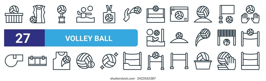 set of 27 outline web volley ball icons such as volleyball, volleyball equipment, volleyball, scoreboard, net vector thin line icons for web design, mobile app.