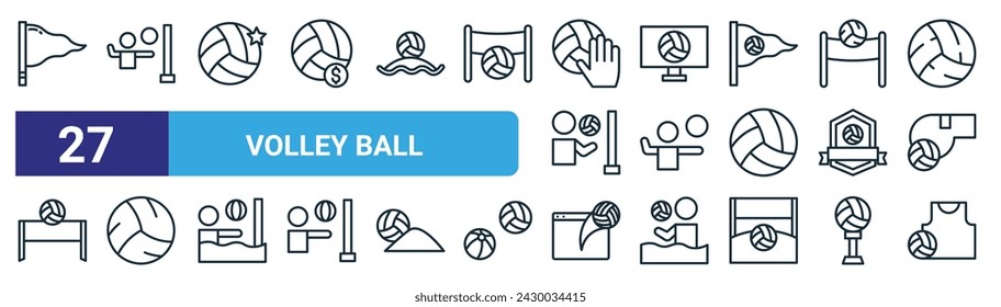 conjunto de 27 iconos de bola de voley web de contorno tales como bandera, jugador de voleibol, voleibol, voleibol, vóley, iconos de línea delgada vectorial para diseño web, aplicación móvil.