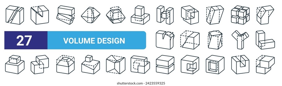 set of 27 outline web volume design icons such as fracture, notch, rotate, extract, shear, merge, divide, shift vector thin line icons for web design, mobile app.