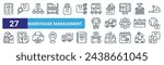 set of 27 outline web warehouse management icons such as order online, material management, distribution, seal, delivery truck, file, weight, package vector thin line icons for web design, mobile