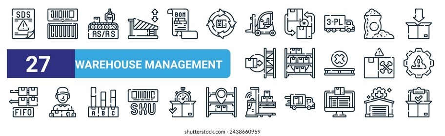 conjunto de 27 iconos de gestión de almacenes web esquemáticos como hoja de datos de seguridad, código de serie, almacenamiento automatizado, rotación de stock, sistema de estanterías, picking discreto, robot agv, lista de selección vector línea delgada