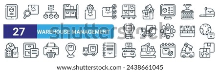 set of 27 outline web warehouse management icons such as order online, material management, distribution, seal, delivery truck, file, weight, package vector thin line icons for web design, mobile