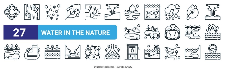 set of 27 outline web water in the nature icons such as water cycle, canal, snow, ocean, pond, puddle, water well, sewer vector thin line icons for web design, mobile app.