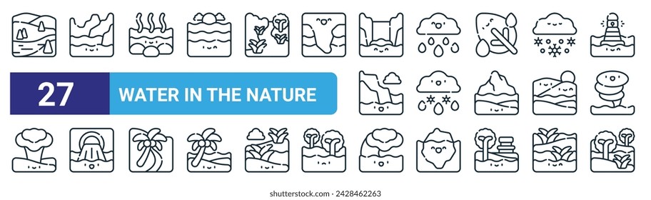 set of 27 outline web water in the nature icons such as river, glacier, hot spring, rain, sleet, sewer, wave, swamp vector thin line icons for web design, mobile app.