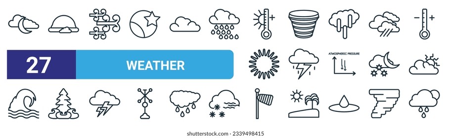 set of 27 outline web weather icons such as night, rainbow, gust, tropical cyclone, stormy, wildfire, windsock, rain vector thin line icons for web design, mobile app.