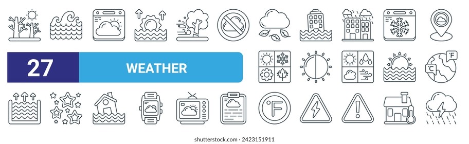 conjunto de 27 íconos web de meteorología como sequía, olas de agua, clima, inundación, eclipse, estrellas, temperatura, strom vectorial iconos de línea delgada para diseño web, aplicación móvil.