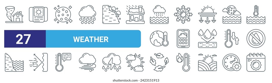 set of 27 outline web weather icons such as tornado, weather alert, full moon, snow fall, weather app, windproof, recycling, summer vector thin line icons for web design, mobile app.