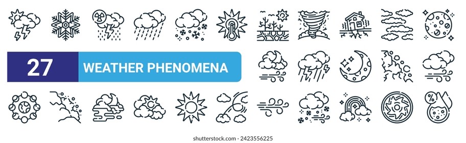 set of 27 outline web weather phenomena icons such as thunder, snowflake, acid rain, tornado, thunder, avalanche, wind, humidity vector thin line icons for web design, mobile app.