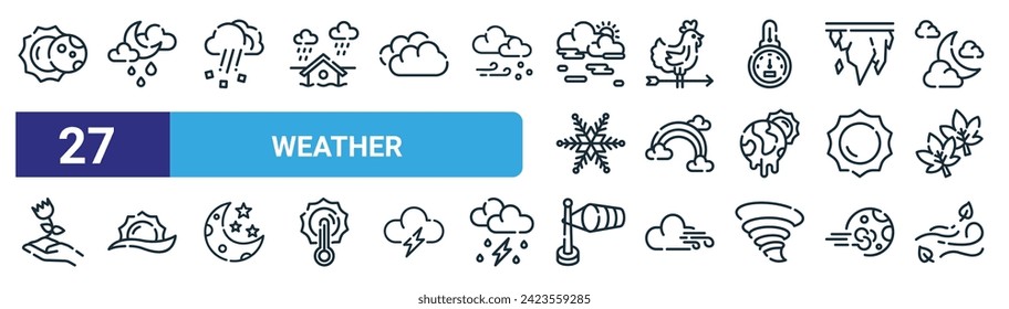 set of 27 outline web weather icons such as eclipse, overcast, hail, weathercock, rainbow, summer, wind, win vector thin line icons for web design, mobile app.