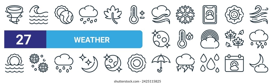 conjunto de 27 iconos de clima web de contorno como tornado, ola, tierra, copo de nieve, caliente, nieve, paraguas, vector nublado iconos de línea delgada para diseño web, aplicación móvil.