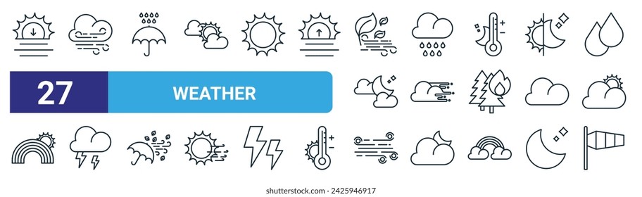 set of 27 outline web weather icons such as sun, wind, umbrella, rain, cloud, storm, wind, wind flag vector thin line icons for web design, mobile app.