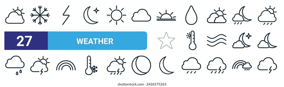 set of 27 outline web weather icons such as sun, snow, lightning, rain, temperature, cloud, night, cloud vector thin line icons for web design, mobile app.