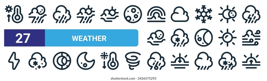 set of 27 outline web weather icons such as hot temperature, rainy night, heavy rain, cloud, sleet, snow, hail, sunrise vector thin line icons for web design, mobile app.