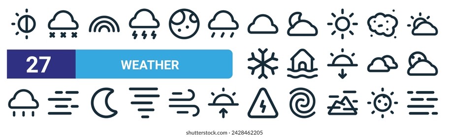 set of 27 outline web weather icons such as day and night, snow fall, rainbow, cloudy night, flood, fog, storm, fog vector thin line icons for web design, mobile app.