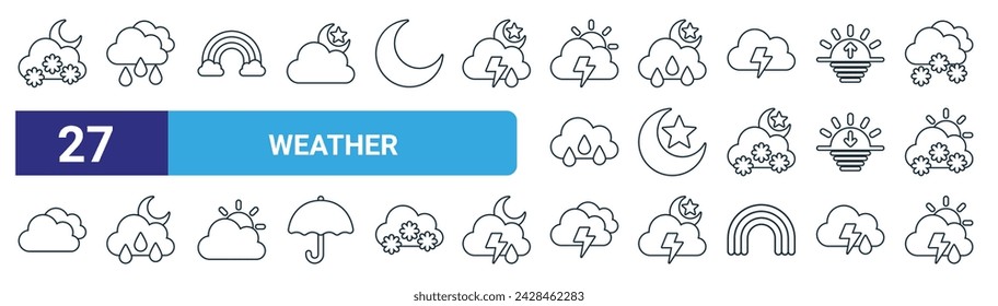 set of 27 outline web weather icons such as snow, rain, rainbow, rain, night, rain, thunderstorm, storm vector thin line icons for web design, mobile app.