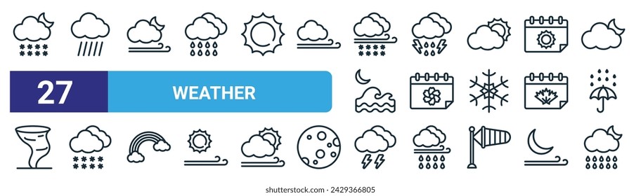 set of 27 outline web weather icons such as night, rain, night, storm, spring, snowfall, storm, night vector thin line icons for web design, mobile app.