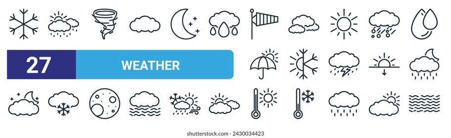 set of 27 outline web weather icons such as snow, rain, hurricane, cloud, haw weather, snow, temperature, fog vector thin line icons for web design, mobile app.