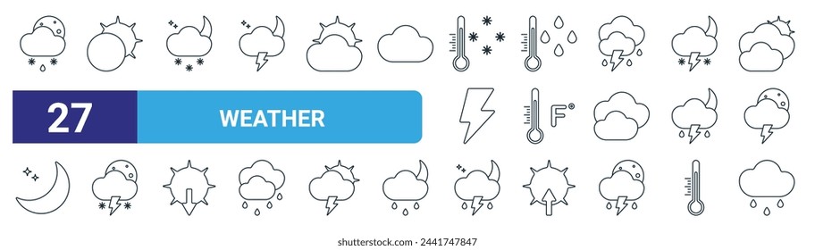 set of 27 outline web weather icons such as rainy night, eclipse, rainy night, thermometer, thermometer, rainy night, rain vector thin line icons for web design, mobile app.