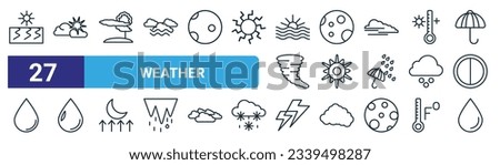 set of 27 outline web weather icons such as drought, clouds and sun, patchy fog, new moon, sunshine, humidity, lightning, water drop vector thin line icons for web design, mobile app.