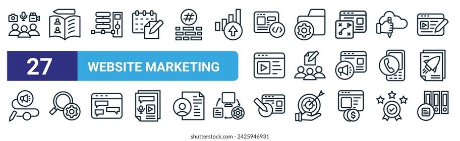 set of 27 outline web website marketing icons such as content creator, guestbook, server control, folder gear, team, search, content writing, library vector thin line icons for web design, mobile