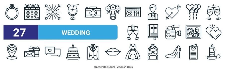 set of 27 outline web wedding icons such as wedding ring, wedding date, fireworks, pastor, bible, gift, female dress, candle vector thin line icons for web design, mobile app.