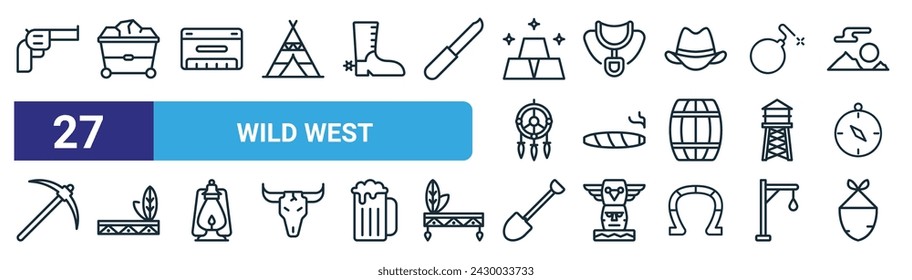 conjunto de 27 iconos del oeste salvaje de la web del contorno tales como revólver, carro de la mina, armónica, silla de montar, cigarro, tocado, pala, pañuelo vector delgado línea iconos para el diseño web, aplicación móvil.