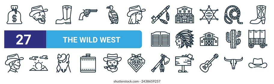 set of 27 outline web the wild west icons such as money bag, skull, boot, saloon, american indian, sun, axe, cowboy hat vector thin line icons for web design, mobile app.