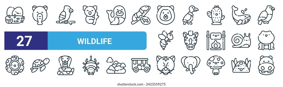 set of 27 outline web wildlife icons such as nest, tapir, parrot, vulture, zebra, turtle, cougar, hippopotamus vector thin line icons for web design, mobile app.