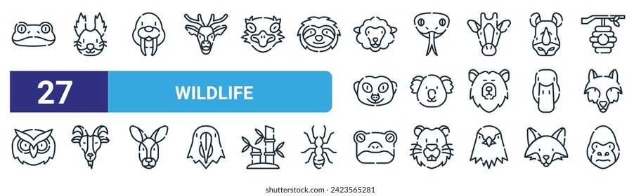 set of 27 outline web wildlife icons such as frog, squirrel, walrus, snake, koala, goat, turtle, gorilla vector thin line icons for web design, mobile app.