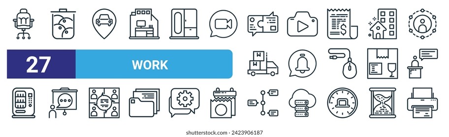 set of 27 outline web work icons such as chair, trash, parking, camera, notification, presentation, workflow, printer vector thin line icons for web design, mobile app.