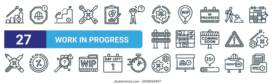 set of 27 outline web work in progress icons such as step, warning, progress, pin, checklist, percentage, gear, folder vector thin line icons for web design, mobile app.