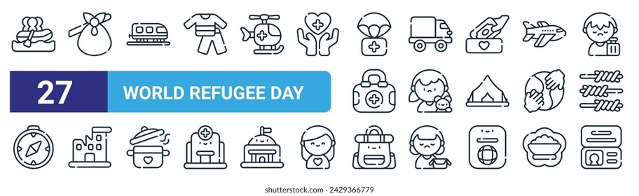 conjunto de 27 iconos de esquema del día de los refugiados del mundo web tales como barco, bindle, tren, camión, refugiado, destruido, mochila, documentos vector de línea delgada iconos para el diseño web, aplicación móvil.