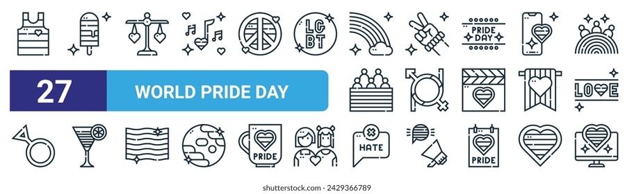 set of 27 outline web world pride day icons such as tank top, ice cream, equal, bracelet, gender fluid, cocktail, no hate, monitor vector thin line icons for web design, mobile app.